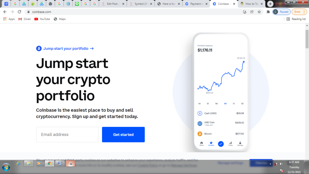 Home page Interface of Coinbase